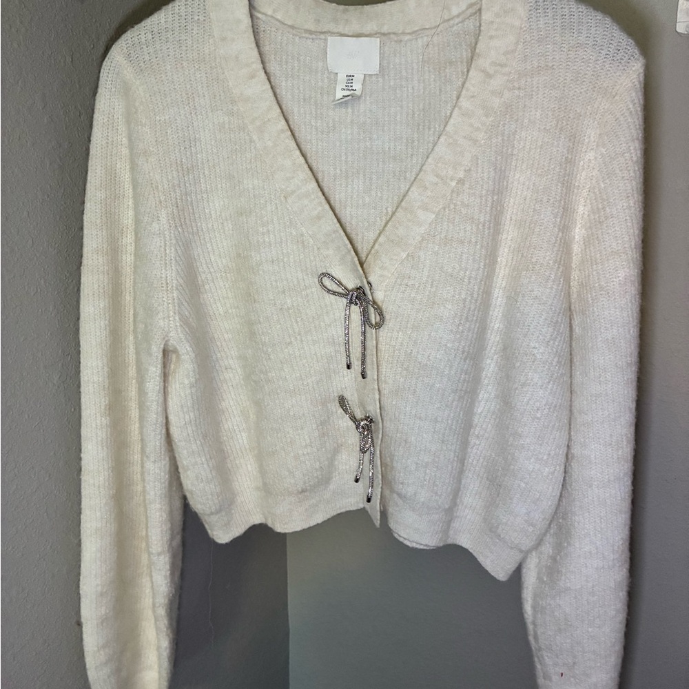 H&M Cream Cardigan with Ribbon Accents